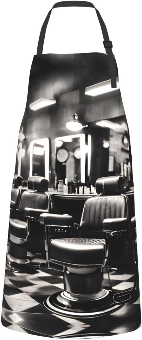 Barber Shop Monochrome Style Print Laundry apron 28x33 In Waterproof Kitchen Apron with Pockets for Cooking Baking