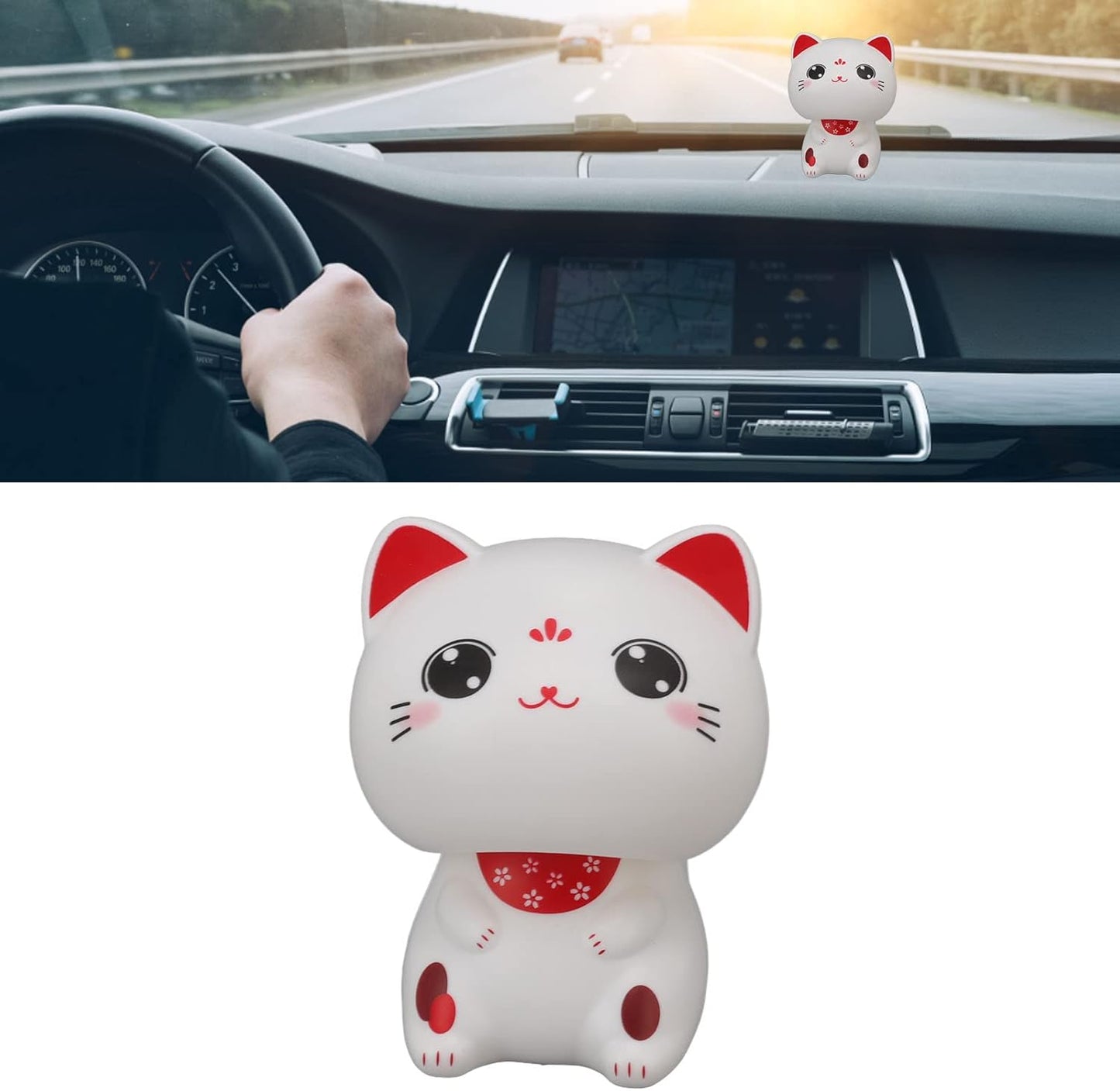 Cat Sculpture, Solar Light Induction Lucky Cat Statue Plastic Nodding Cute Ornament Decoration for Restaurants Car Dashboard (with Large Eyes)
