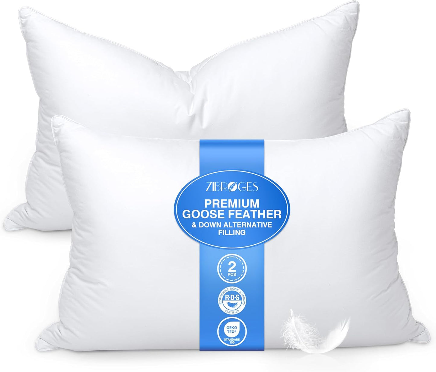 Feather Pillows Queen Size Set of 2 - Goose Down Hotel Bed Pillow for Sleeping, Soft 600 Thread Count Cotton Cover, Fluffy Support Surround Fill Polyester for Side, Back and Stomach Sleepers