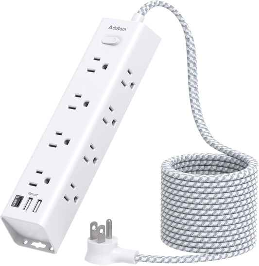Surge Protector Power Strip - 10 FT Extension Cord, Power Strip with 12 Widely AC Outlet 3 USB, Flat Plug, Wall Mount Overload Protection, 1050J, Desk Charging Station for Home Office, ETL Listed