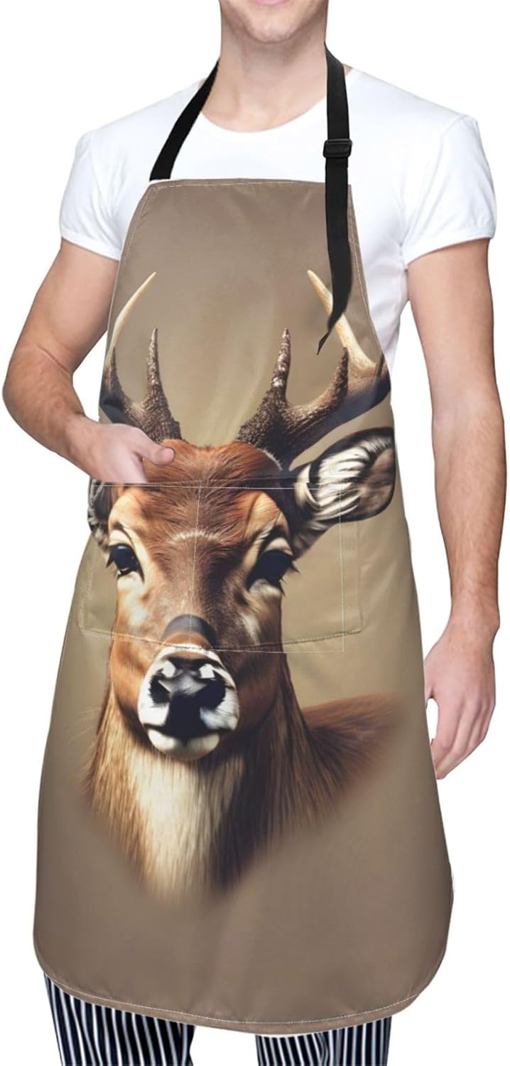 Deer head printing Print Laundry apron 28x33 In Waterproof Kitchen Apron with Pockets for Cooking Baking