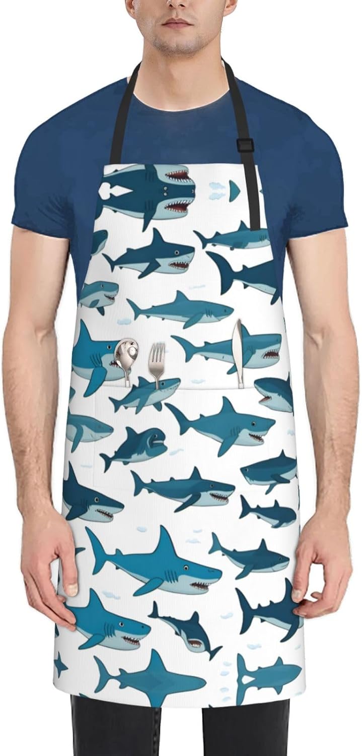 Shark Pattern with Various Gestures print Waterproof chef's apron with pocket apron for kitchen cooking baking barbecue and gardening