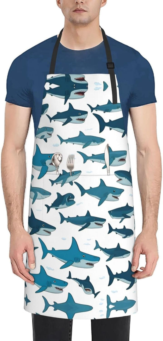 Shark Pattern with Various Gestures print Waterproof chef's apron with pocket apron for kitchen cooking baking barbecue and gardening