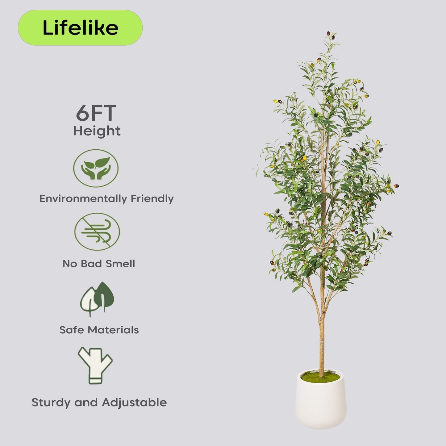 Artificial Olive Tree with White Pot - Faux Olive Tree for Home Decor, Tall Artificial Plants Indoor, Realistic Trunks Foliage Fruit, Office Decor (6FT)