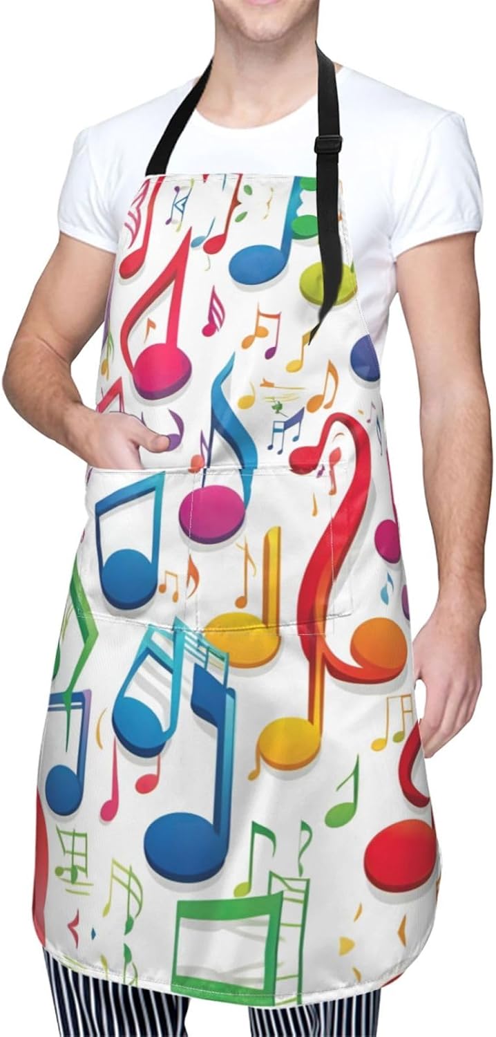 Colorful Music Notes 1 print Waterproof chef's apron with pocket apron for kitchen cooking baking barbecue and gardening