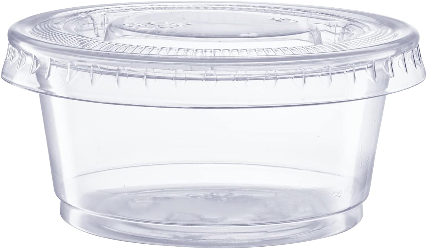 GUSTO 2 oz Jello Shot Cups with Lids [100 Count] Clear Plastic Portion Containers, Condiment Cups for Sauces, Dressings & Samples – Durable, Stackable, Leak-Resistant (Formerly Comfy Package)