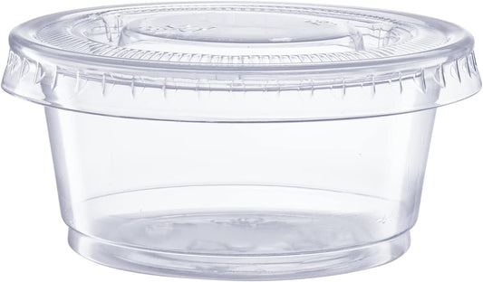 GUSTO 2 oz Jello Shot Cups with Lids [100 Count] Clear Plastic Portion Containers, Condiment Cups for Sauces, Dressings & Samples – Durable, Stackable, Leak-Resistant (Formerly Comfy Package)