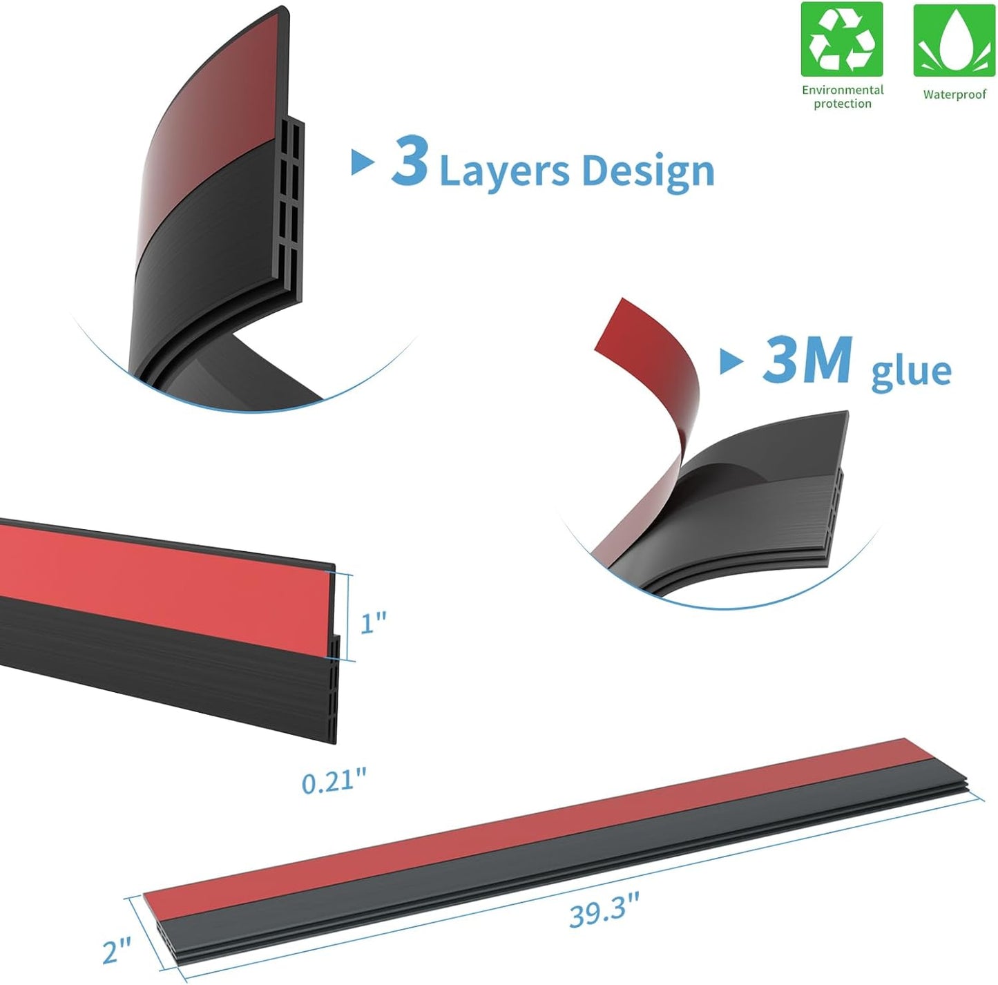 Hojoy 2 Pack Under Door Draft Stopper, Adjustable Door Sweep Anti-Collision Strong Adhesive Weather Stripping Tape Soundproof Draught Stoppers 2" W x 39" L, Black
