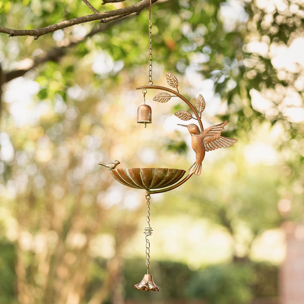 Glitzhome 25" H Metal Wild Bird Feeder, Faux Copper Patina Finish Hummingbird Hanging Birdfeeder - Attract Wild Birds for Garden Deck Yard Backyard Porch Decor
