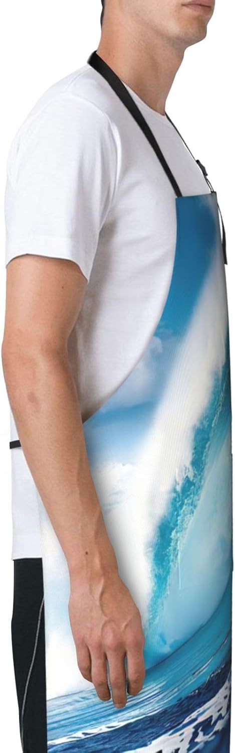 Big Ocean Wave HD print Waterproof chef's apron with pocket apron for kitchen cooking baking barbecue and gardening
