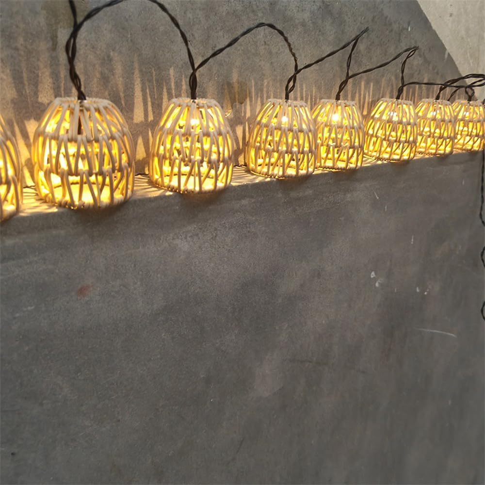 Solar Powered Paper Rattan String Lights Outdoor & Indoor, Waterproof Solar String Lights with Battery Box, PE Imitation Rattan Garden Lights, Eco-Friendly Patio Balcony Yard Pathway 10-Light Set