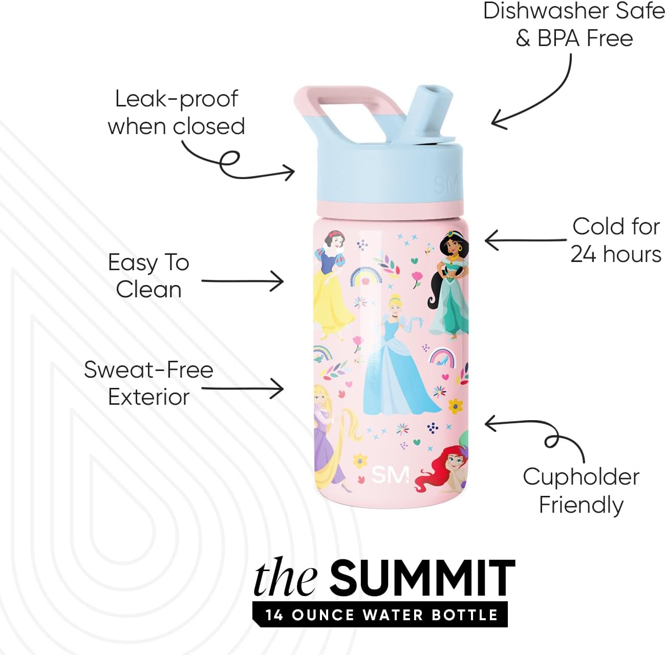 Simple Modern Kids Summit Water Bottle with Straw Lid | Disney Princess 14oz Stainless Steel Cup Insulated Tumbler for Girls, School | Princess Rainbows