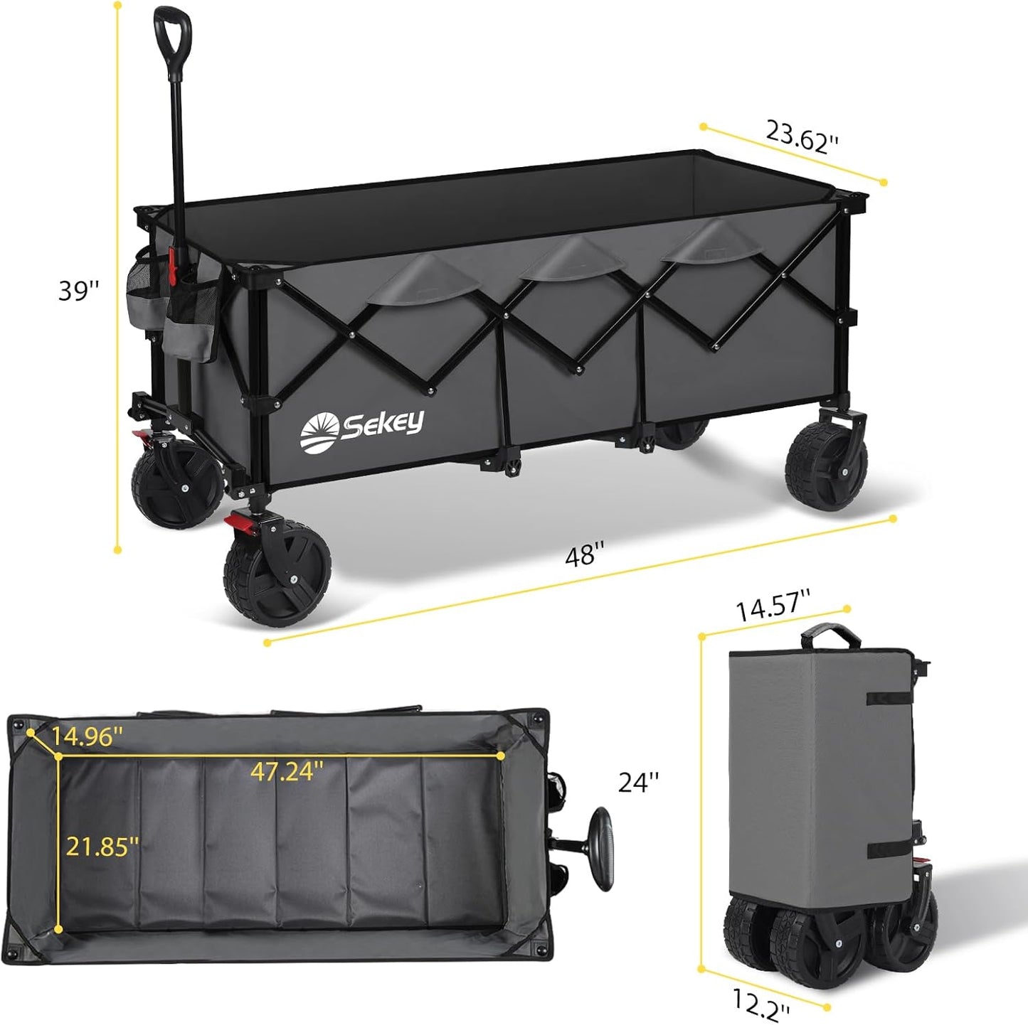 Sekey 48''L Collapsible Foldable Extended Wagon with 660lbs Weight Capacity, Heavy Duty 300L Folding Utility Garden Cart with Big All-Terrain Beach Wheels & Drink Holders. Grey