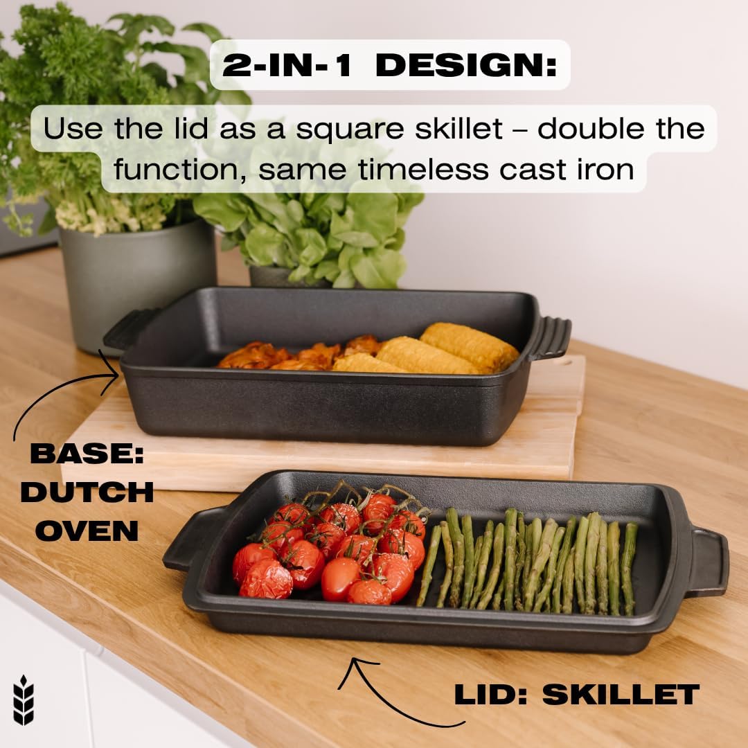 Kuha 2-in-1 Square Cast Iron Dutch Oven, 6 QT – Skillet Lid & Casserol