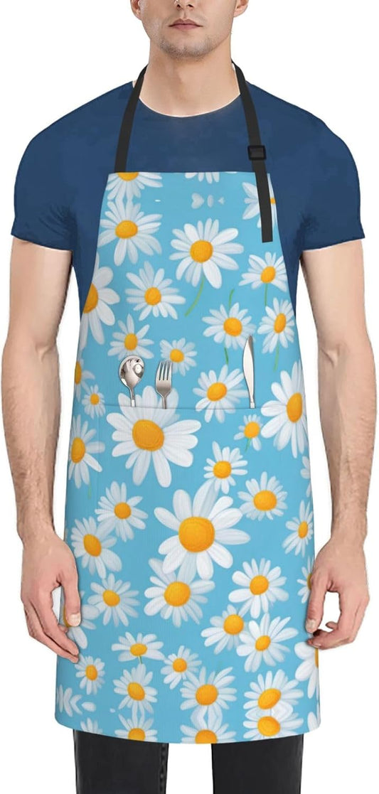 White Daisy in Light Blue Background print Waterproof chef's apron with pocket apron for kitchen cooking baking barbecue and gardening