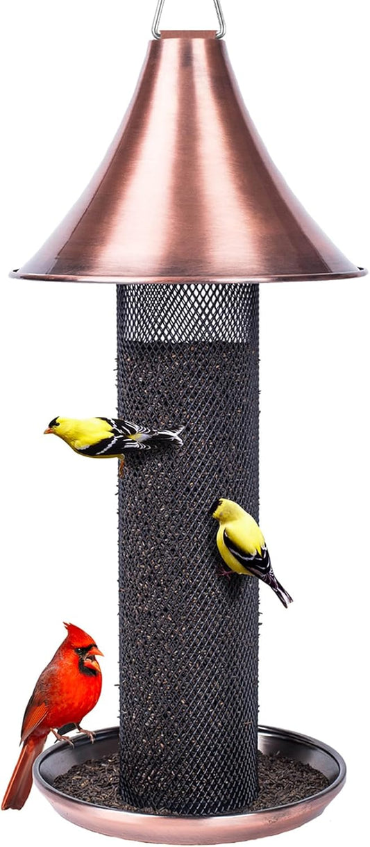 Kingsyard Thistle Bird Feeder for Outdoors Hanging, All Metal, Finch Mesh Tube Feeder with Weatherproof Roof & Seed Tray, 3 lbs Seed Capacity, Great for Attracting Wild Bird, Brushed Copper