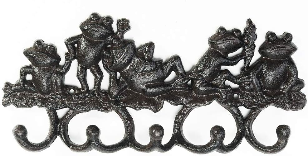 Sungmor Cast Iron Animal Wall Hook Rack - Rustic Decorative Key Holder with 5 Hooks, Lovely Frog Coat Hanger - Vintage Metal Organizer for Entryway, Garden, Mudroom, or Kitchen