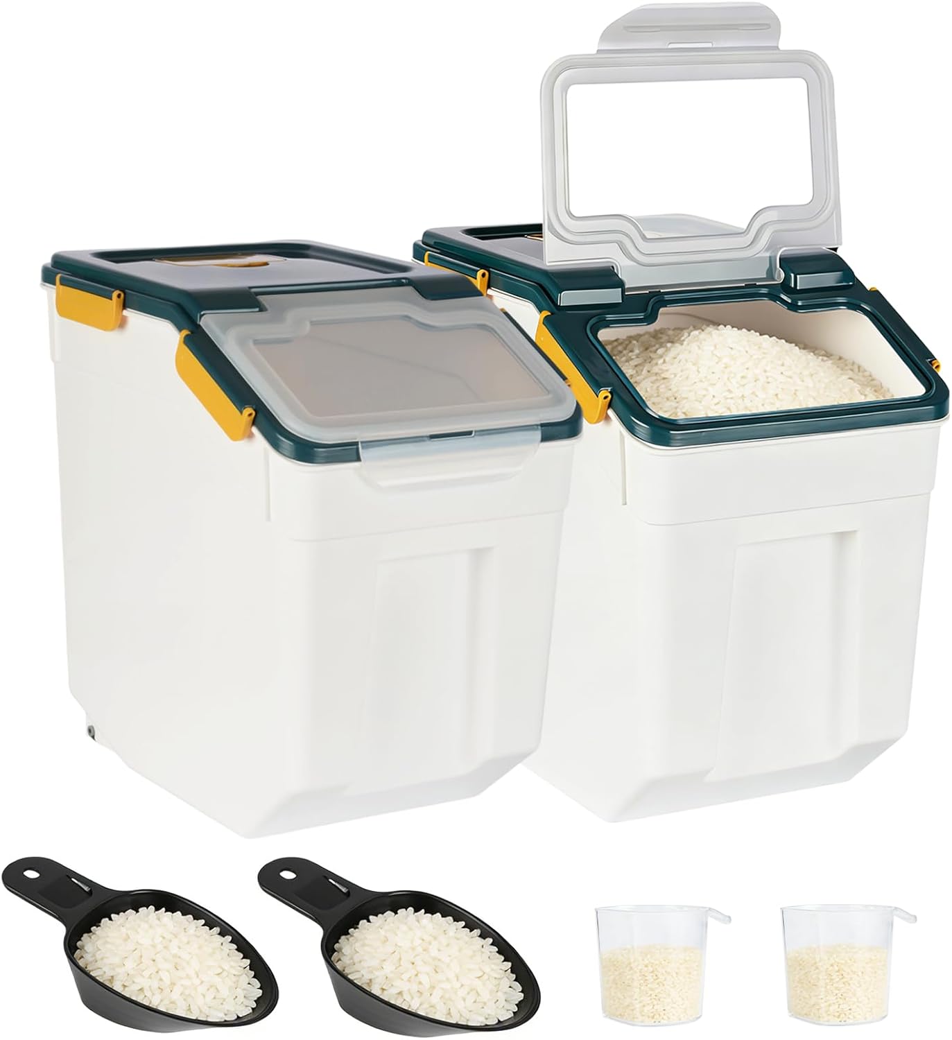 2 Pack Rice Container 50 lbs Large Bulk Flour Sugar Storage Holdhouse Plastic Grain Cereal Dry Goods Bin with Spoon and Measuring Cup for Kitchen Pantry Organization - Blue