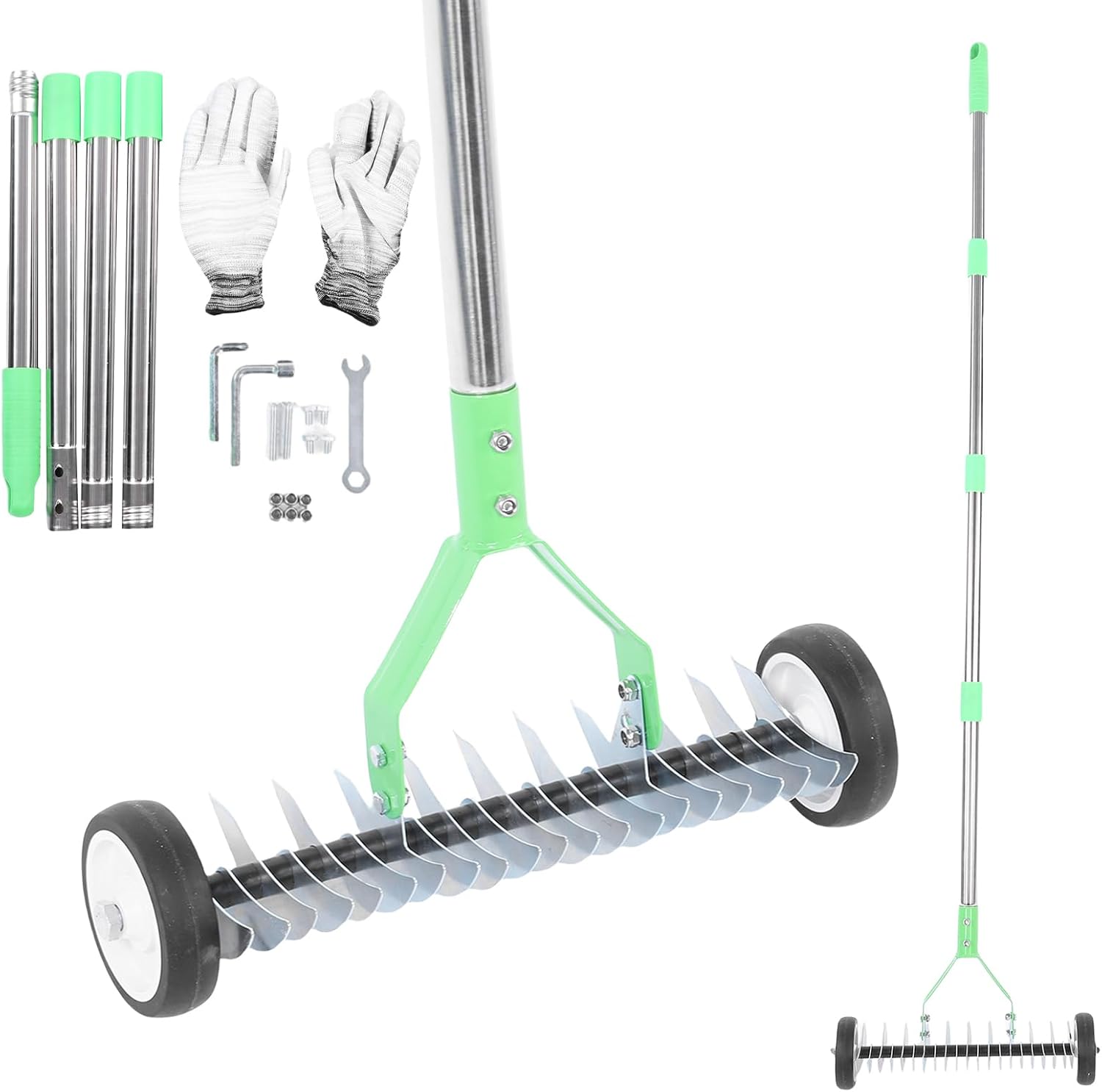 Adjustable Lawn Thatch Rake with Wheels - Comes with Protective Garden