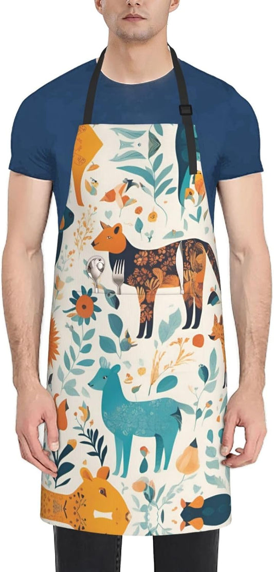 Cute Floral Animal Pattern 1 print Waterproof chef's apron with pocket apron for kitchen cooking baking barbecue and gardening