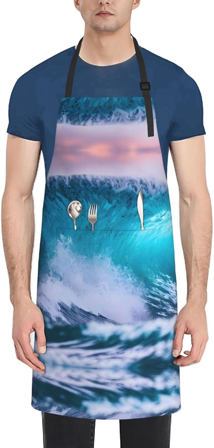 Blue Ocean Wave Print Laundry apron 28x33 In Waterproof Kitchen Apron with Pockets for Cooking Baking