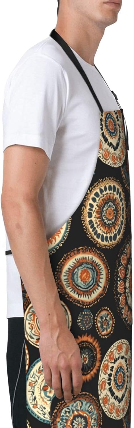 YANYU Ethnic Circles Floral Pattern Print 28x33 In Kitchen Apron Stylish Chef Apron with Pockets for Cooking Baking Painting