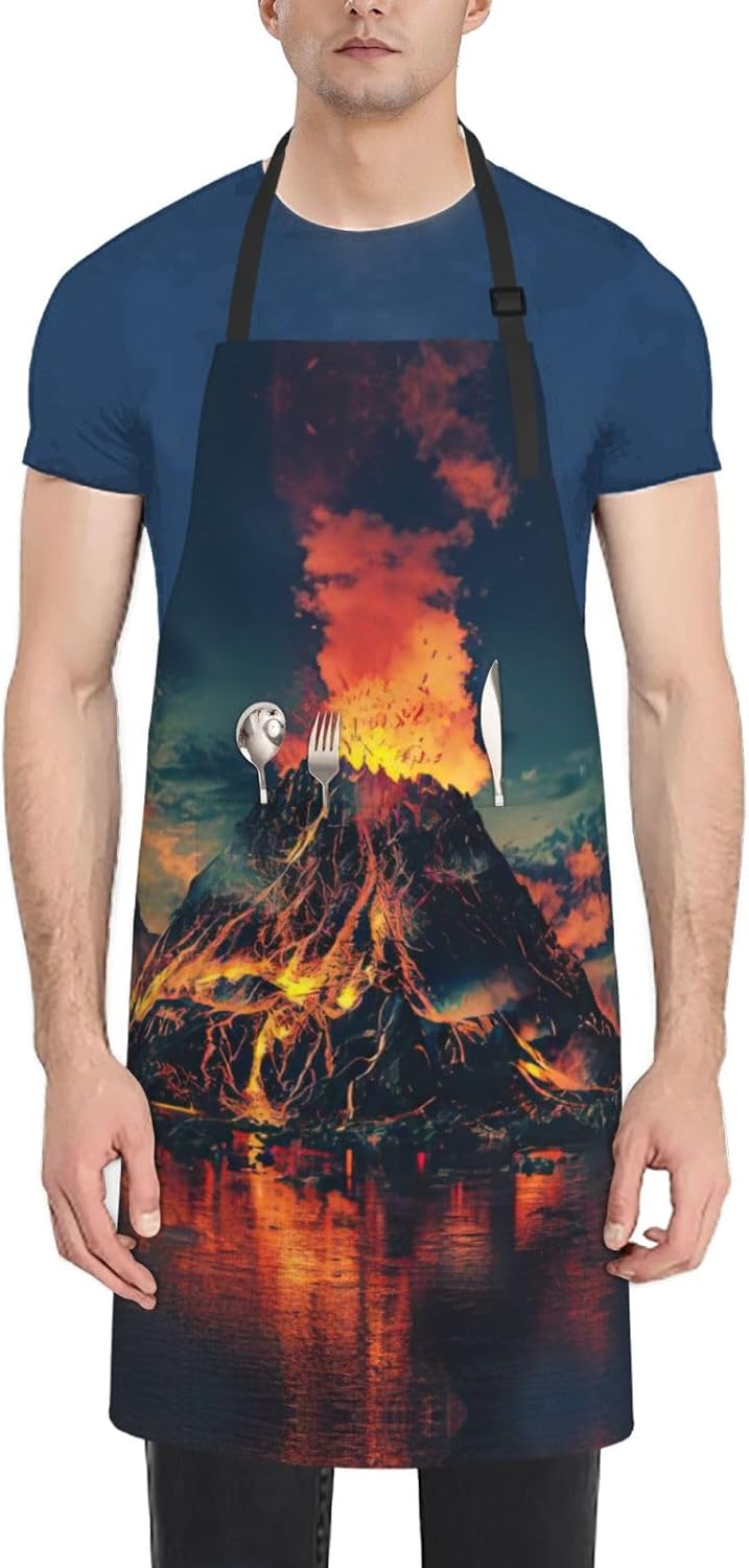 volcano print Waterproof chef's apron with pocket apron for kitchen cooking baking barbecue and gardening