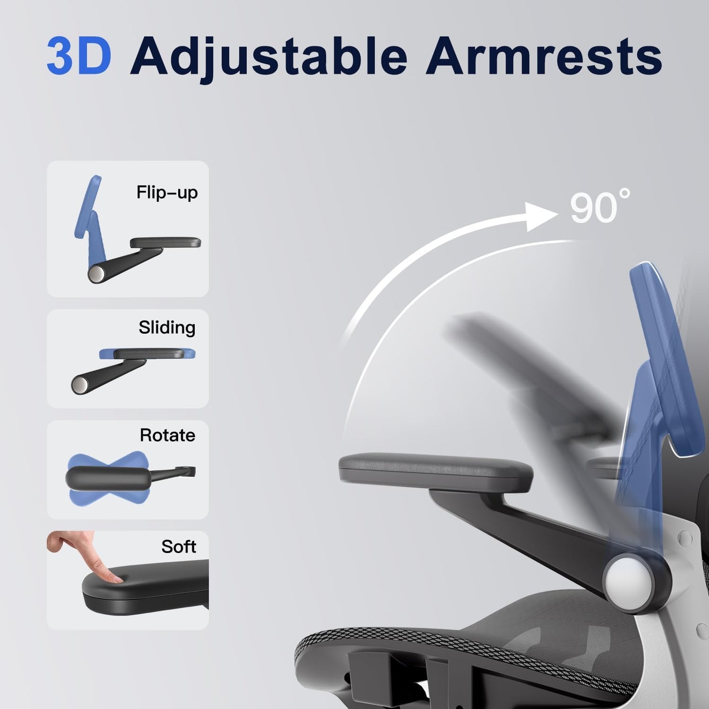 Ergonomic Office Chair, Mesh Seat Cushion with 3D Armrests and 3D Head