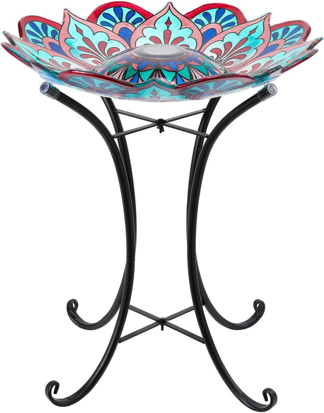 MUMTOP Bird Baths for Outdoors, Glass Large Solar Bird Bath Bowl with Metal Stand, Kaleidoscope Bird Feeders for Outside and Garden, Patio,Lawn Decor (Flower Edge)