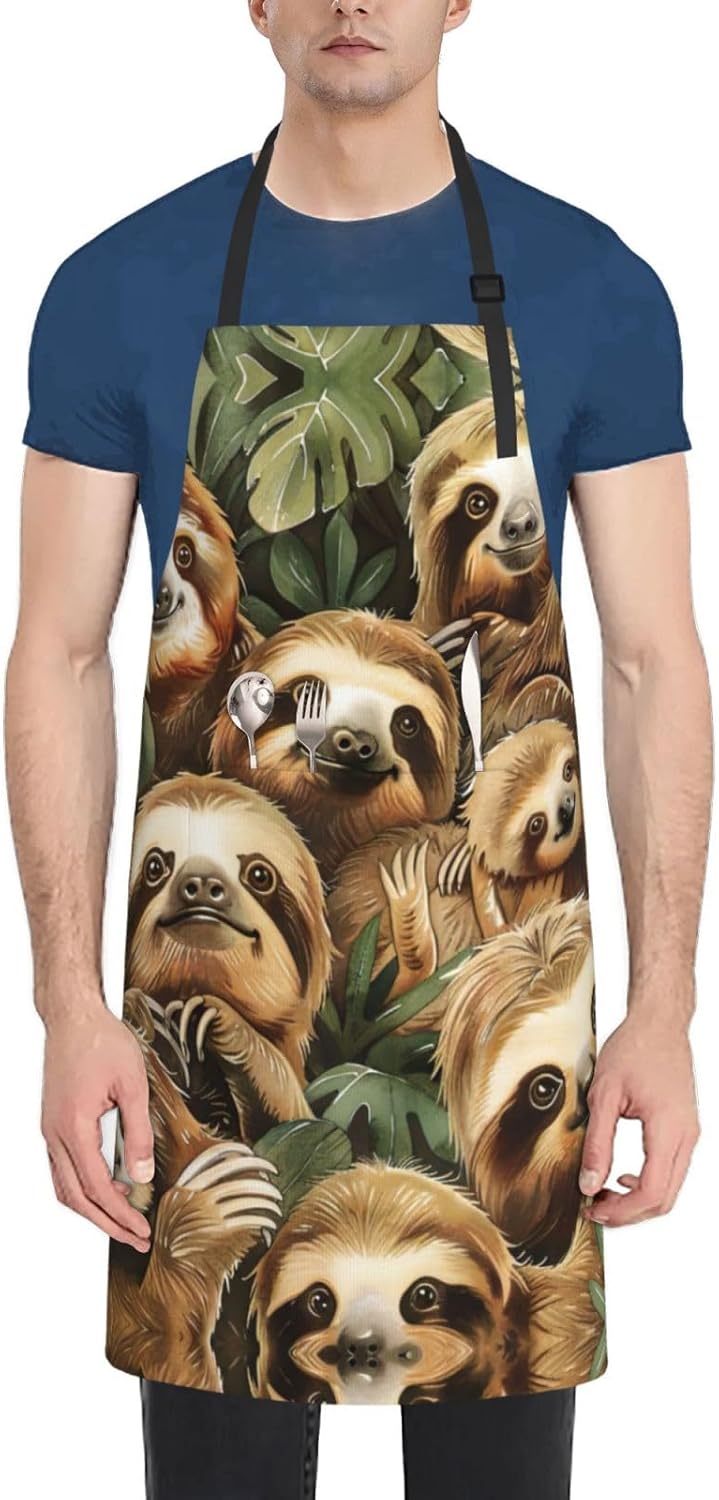 Cute Sloth print Waterproof chef's apron with pocket apron for kitchen cooking baking barbecue and gardening