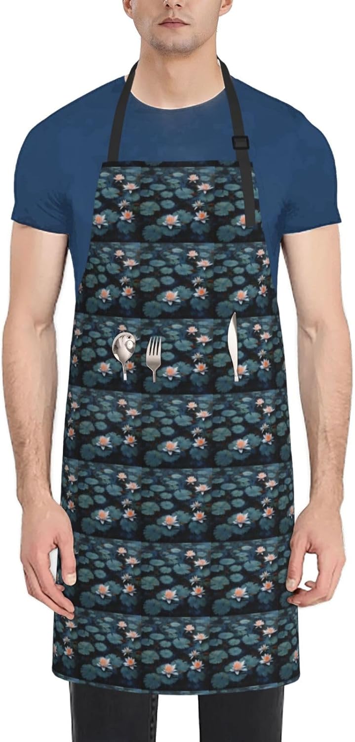 YANYU Lily Pads Flower Print 28x33 In Kitchen Apron Stylish Chef Apron with Pockets for Cooking Baking Painting