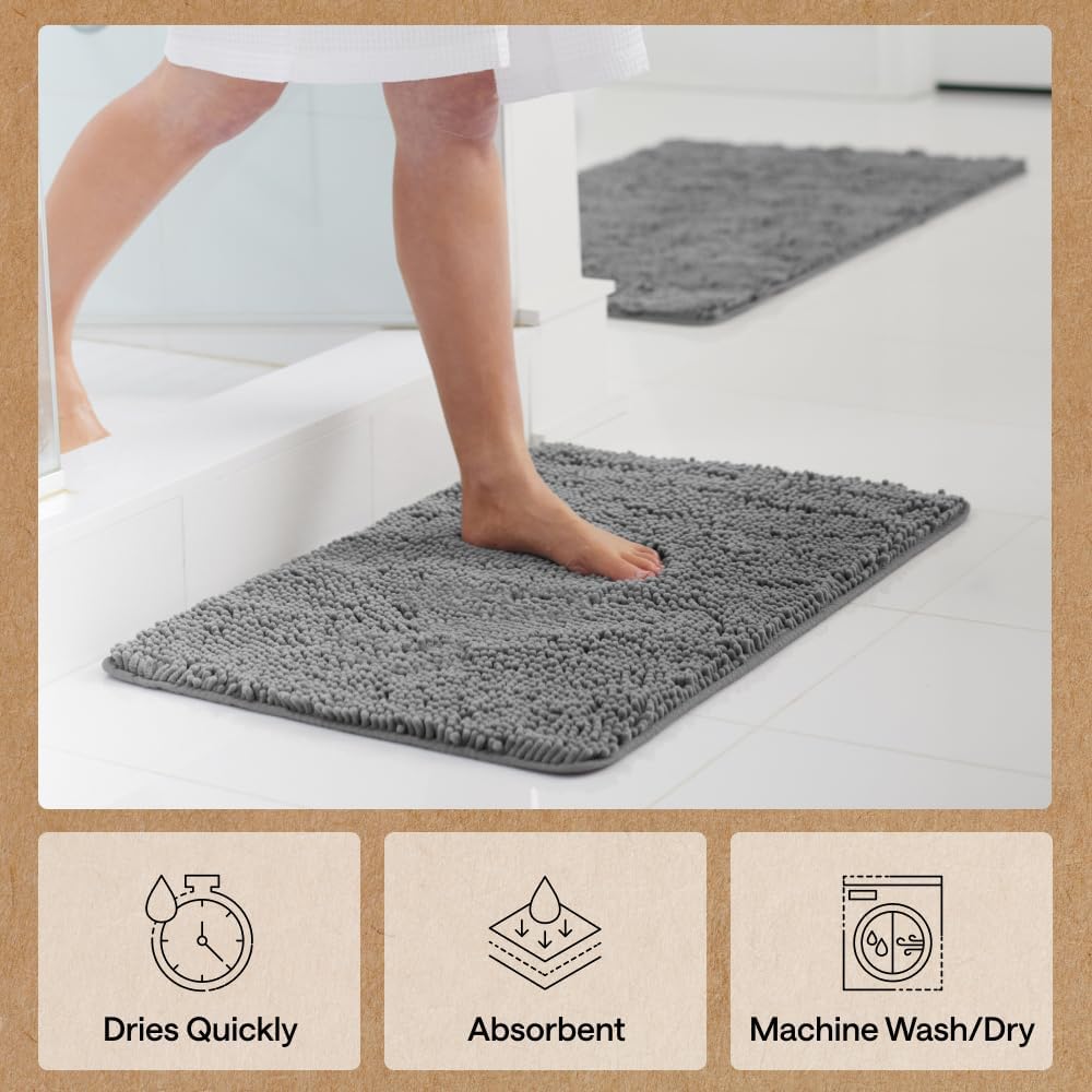 GORILLA GRIP Bath Rug Mat, Thick Soft Absorbent Chenille, Quick Dry Microfiber Mats, Rubber Backing Washable Shower Floor Rugs, US Designed Bathroom Bathmat Home Decor Accessories, 24x17, Grey
