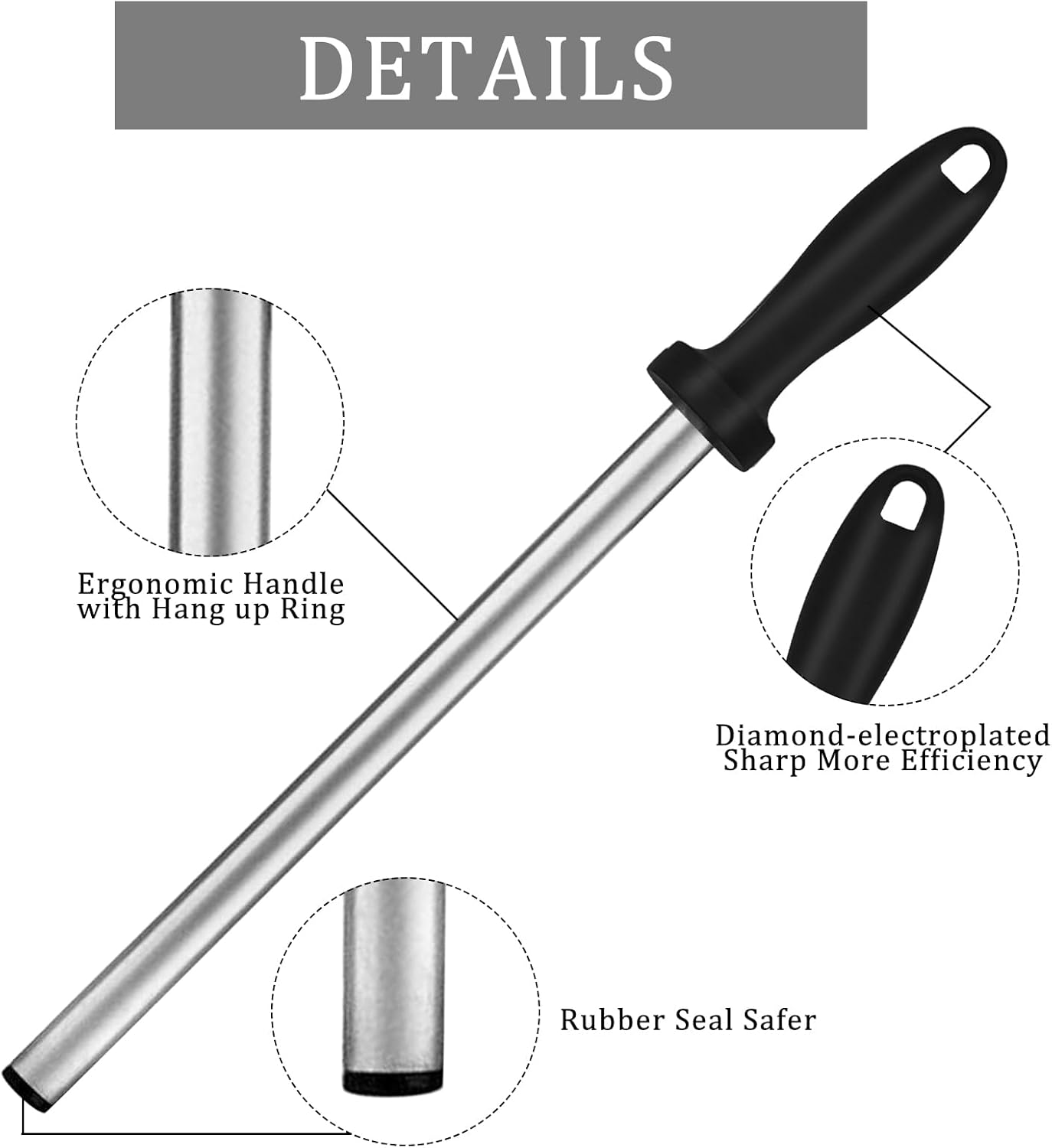12 Inch Diamond Honing Steel,Professional Knife Sharpener Rod, Kitchen Knife Sharpening Rod & Tungsten Carbide Sharpener for Honing Knife Blades, Chef Knives, Pruning Shears, Garden Tools