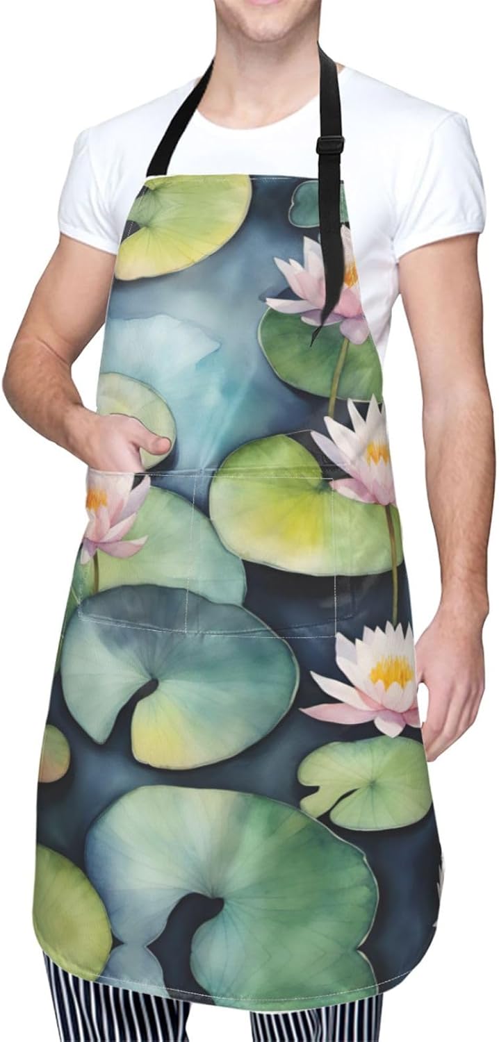 Black Lily Pads print Waterproof chef's apron with pocket apron for ki