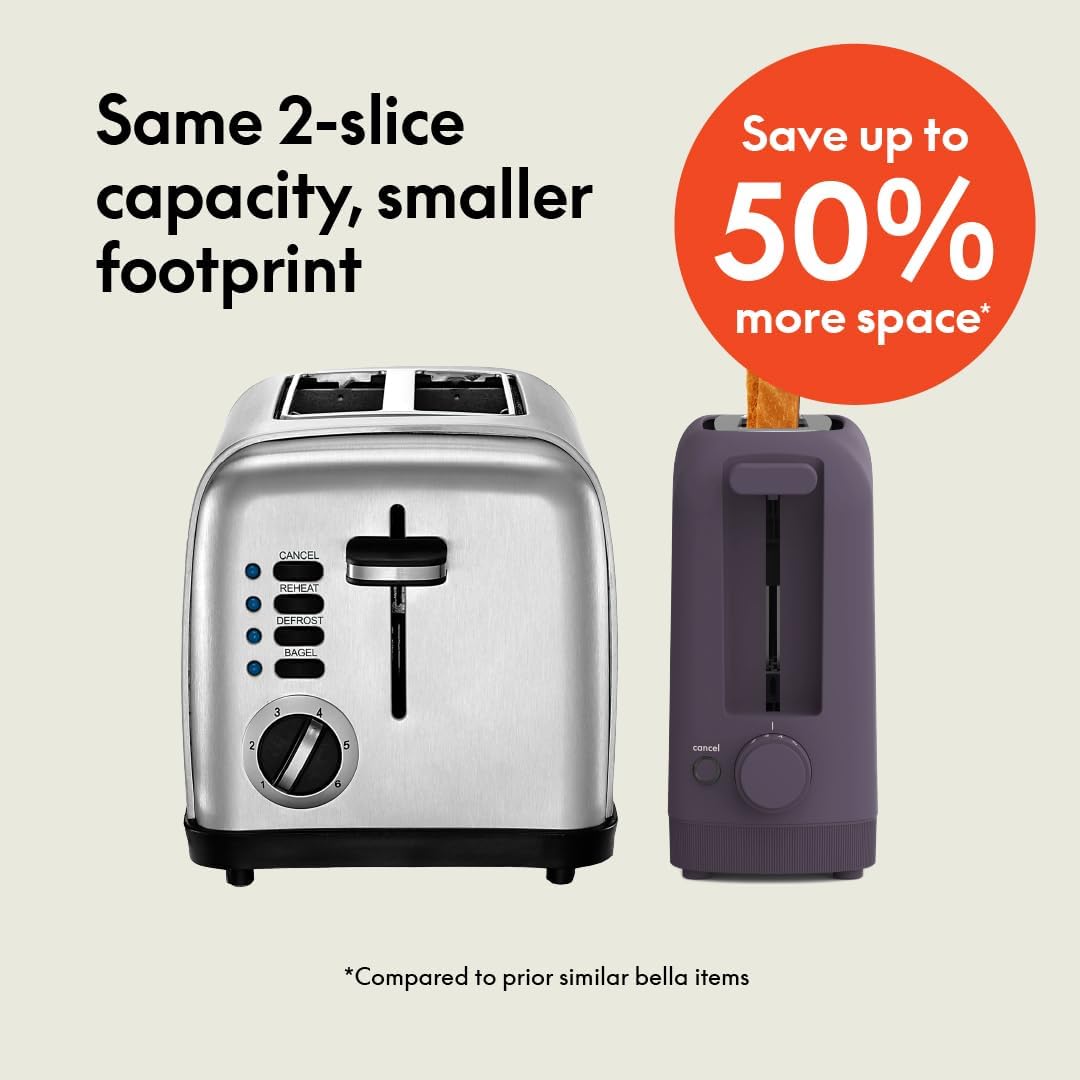 bella 2 Slice Slim Toaster, Fits-anywhere™ Kitchenware, 6 Setting Shade Control with Reheat & Cancel Buttons, Fits sourdough, 10” Long Slot, Anti Jam & Auto Shutoff, 900 Watt, Plum