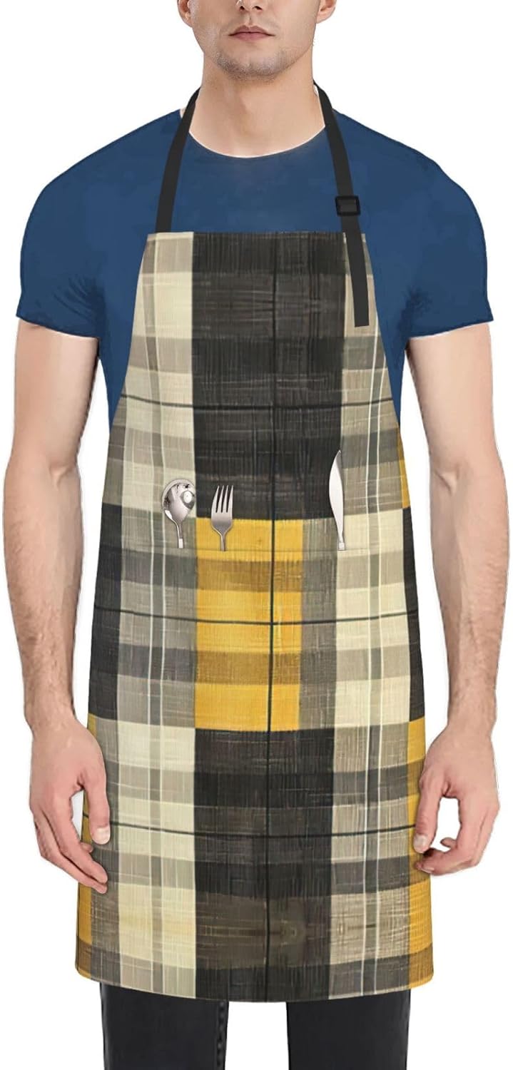 Yellow Gray Black Plaid print Waterproof chef's apron with pocket apron for kitchen cooking baking barbecue and gardening