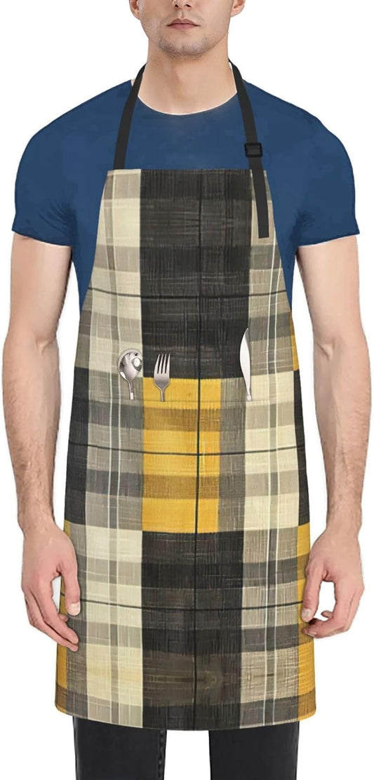 Yellow Gray Black Plaid print Waterproof chef's apron with pocket apron for kitchen cooking baking barbecue and gardening
