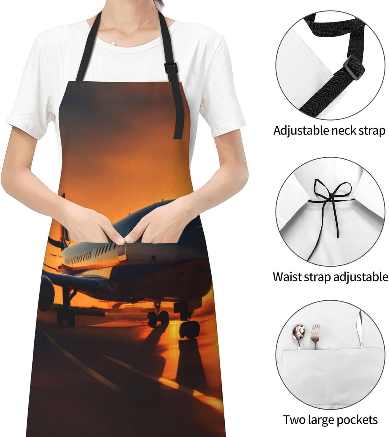 airplane at sunset Print Laundry apron 28x33 In Waterproof Kitchen Apron with Pockets for Cooking Baking