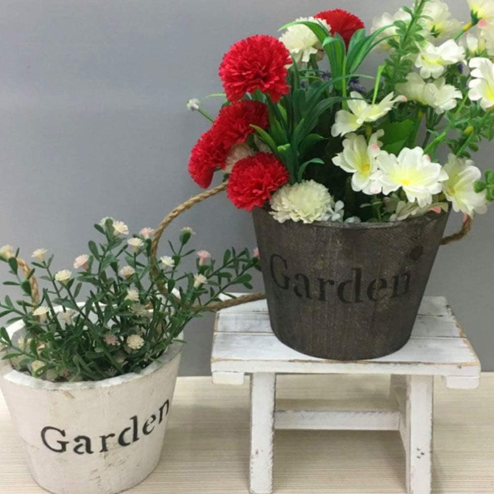 Hemoton Wooden Barrel Planter 2Pcs Set Rustic Bucket Flower Pot Decoration with Handle for Indoor Outdoor Succulent Plants