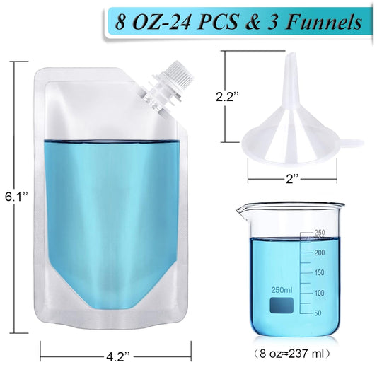 24 Pcs Plastic Flasks, 8 Oz Concealable and Reusable Drink Pouches, Leak-Proof Food Grade Plastic for Travel (8OZ-24PCS +3 Funnels)