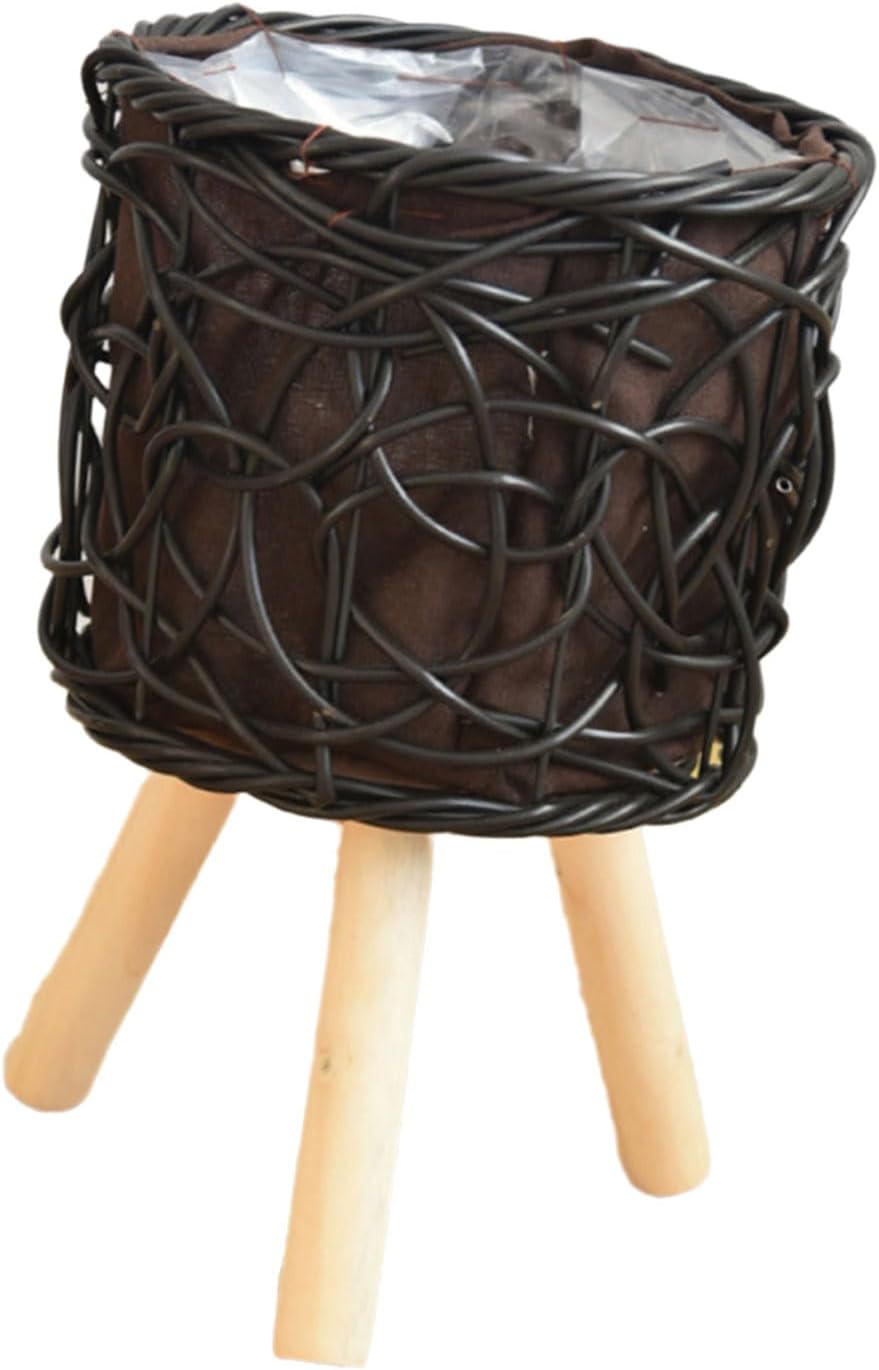 Rattan Plant Stand Stool with 3 Wood Legs Balcony Flower Pots Display 
