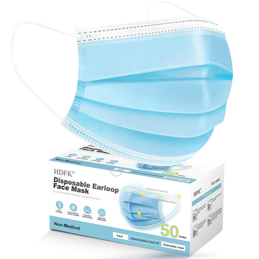 HDFK Face Mask Disposable Adults 3Ply Non-Woven with Nose Clip Ear Loo
