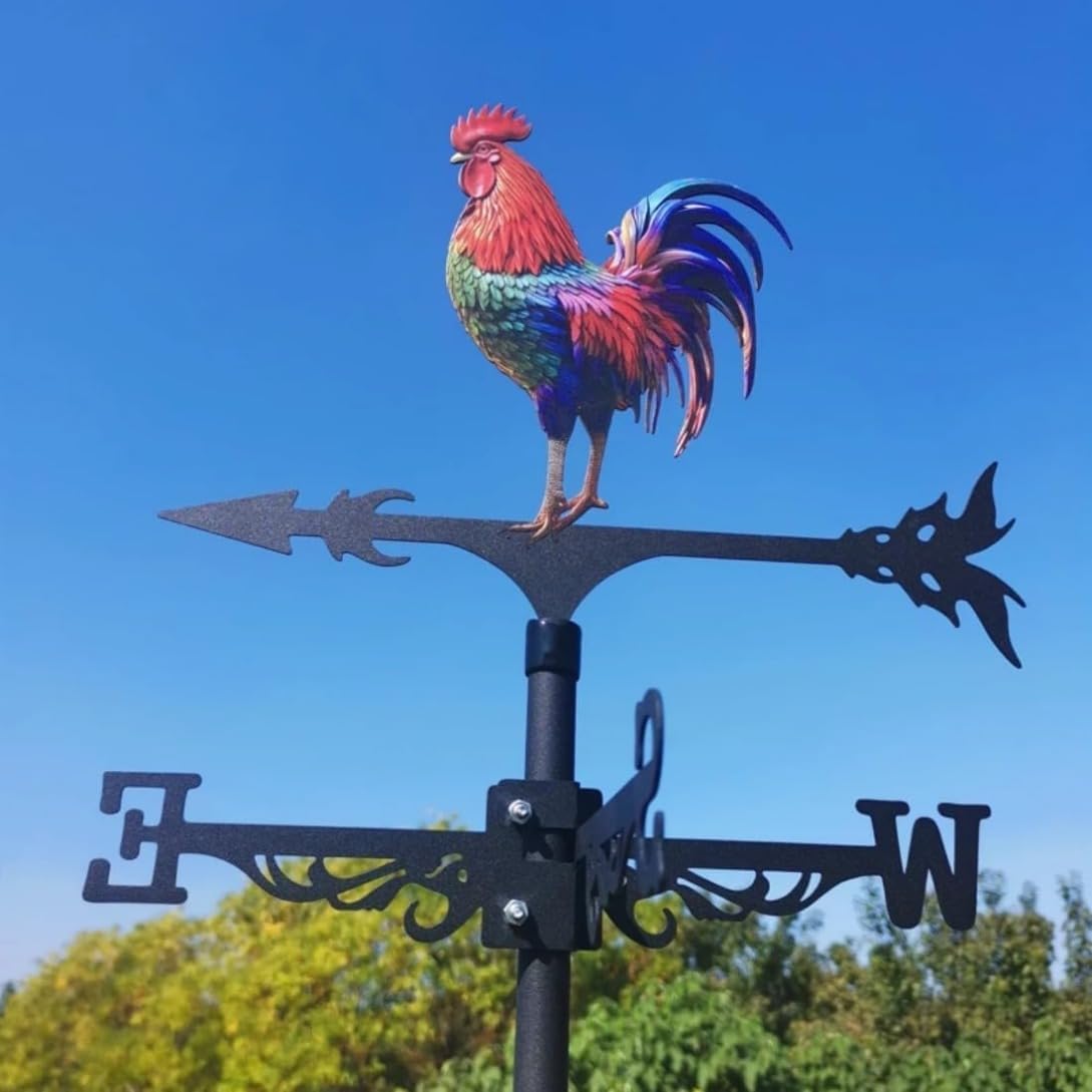 Colorful Rooster Weather Vane Spinner Wind Direction Farm Scene Stake 
