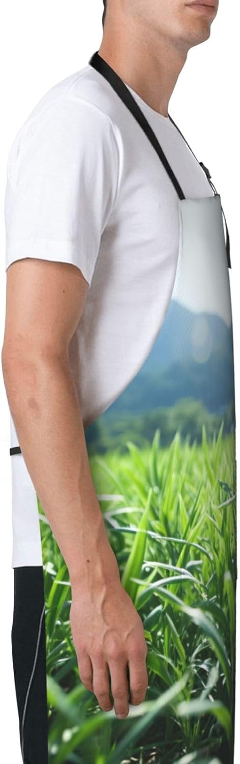 Organic Green print Waterproof apron with pocket adjustable cooking apron for adult kitchen bibs to bake