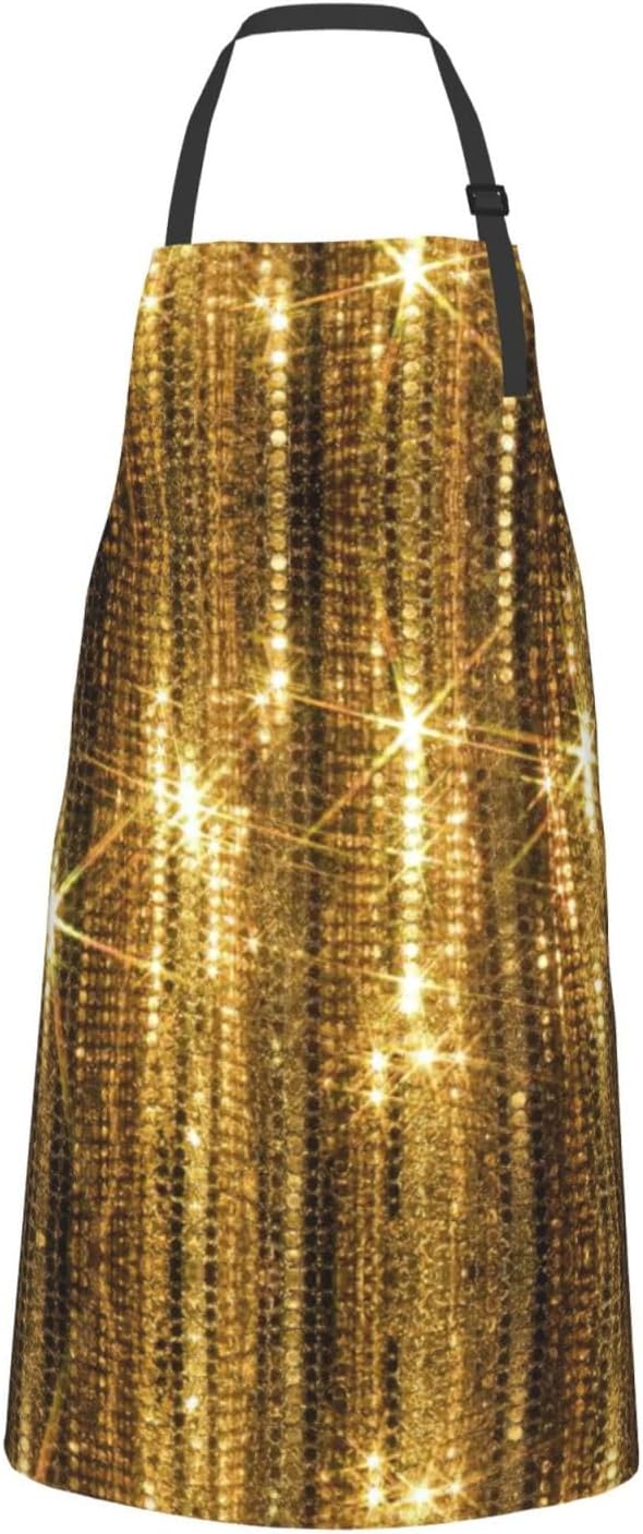 Gold Sequin Sparkle Print 28x33 In Adult Kitchen Apron with Pockets Versatile Chef Smock for Cooking Baking