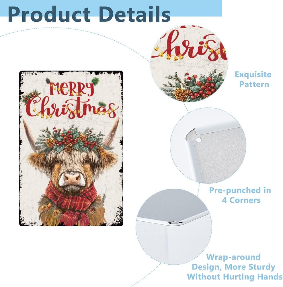 SUPERDANT Christmas Highland Cow Metal Signs Highland Yak Tin Sign Met