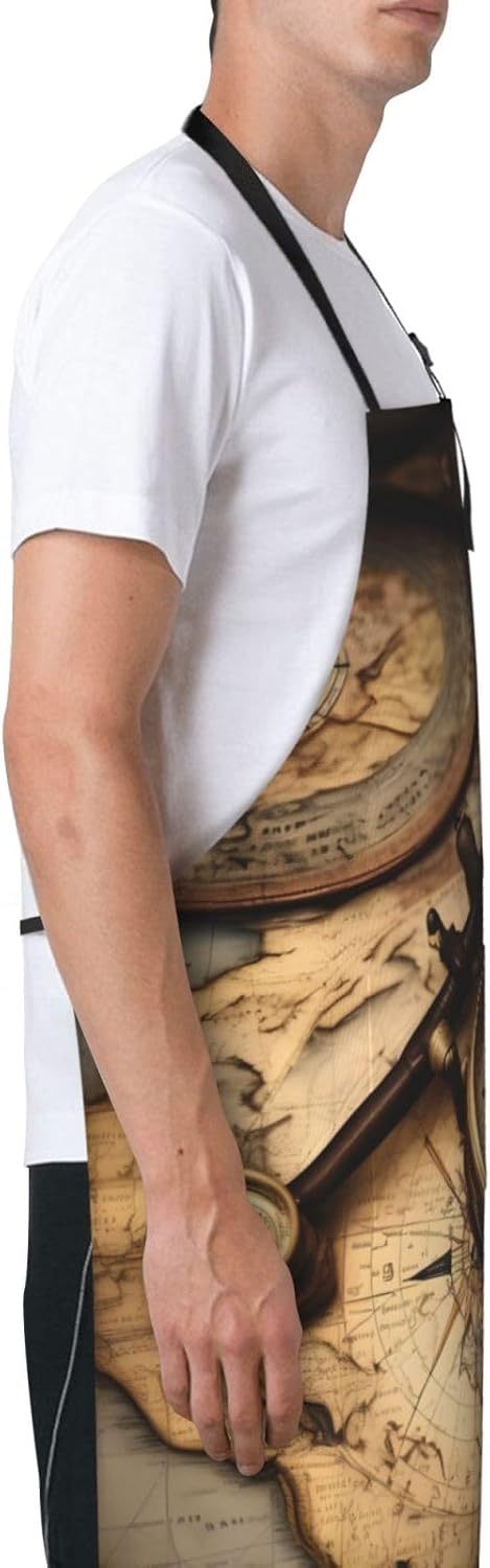Compass and Old World Map Print Laundry apron 28x33 In Waterproof Kitchen Apron with Pockets for Cooking Baking