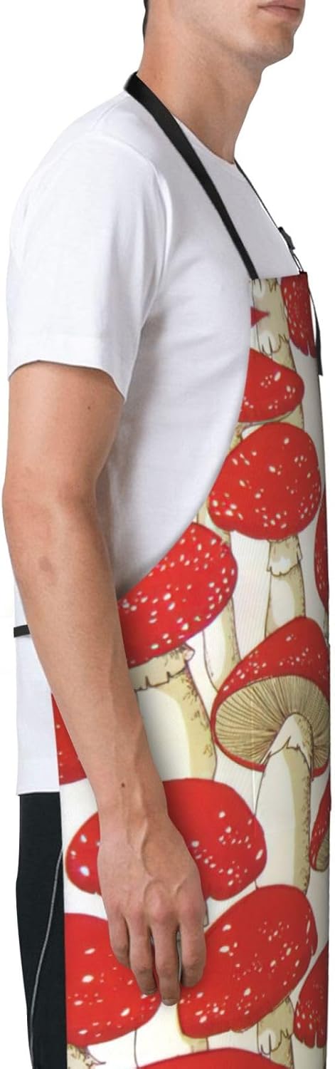 Red White Mushroom Print Laundry apron 28x33 In Waterproof Kitchen Apr