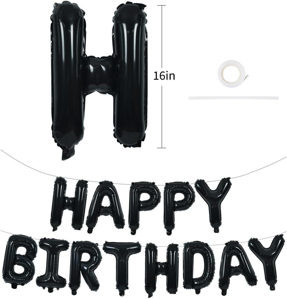 TONIFUL Black Happy Birthday Balloons Banner 16 Inch Mylar Foil Letters Birthday Sign Banner Bunting Reusable for 30th 40th 50th 60th Adults and Halloween Supplies