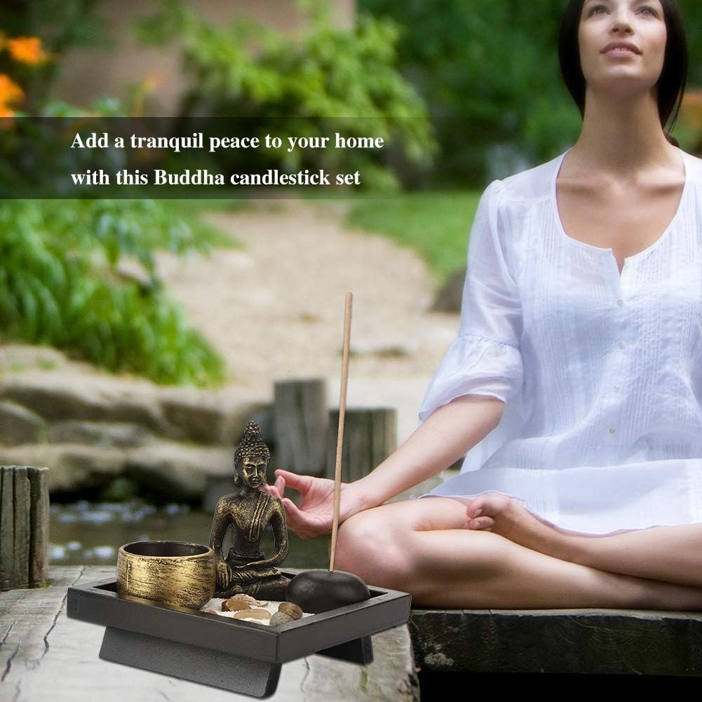 Desktop Zen Garden Kit, Mini Buddha Statue Tealight Candle Holder Ornament for Yoga Meditation Home Table Decor Gift